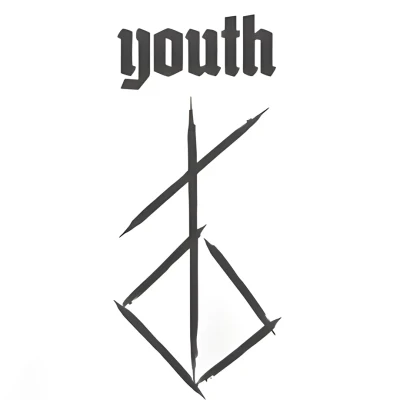 Чёрная надпись youth и рунический символ на белом фоне