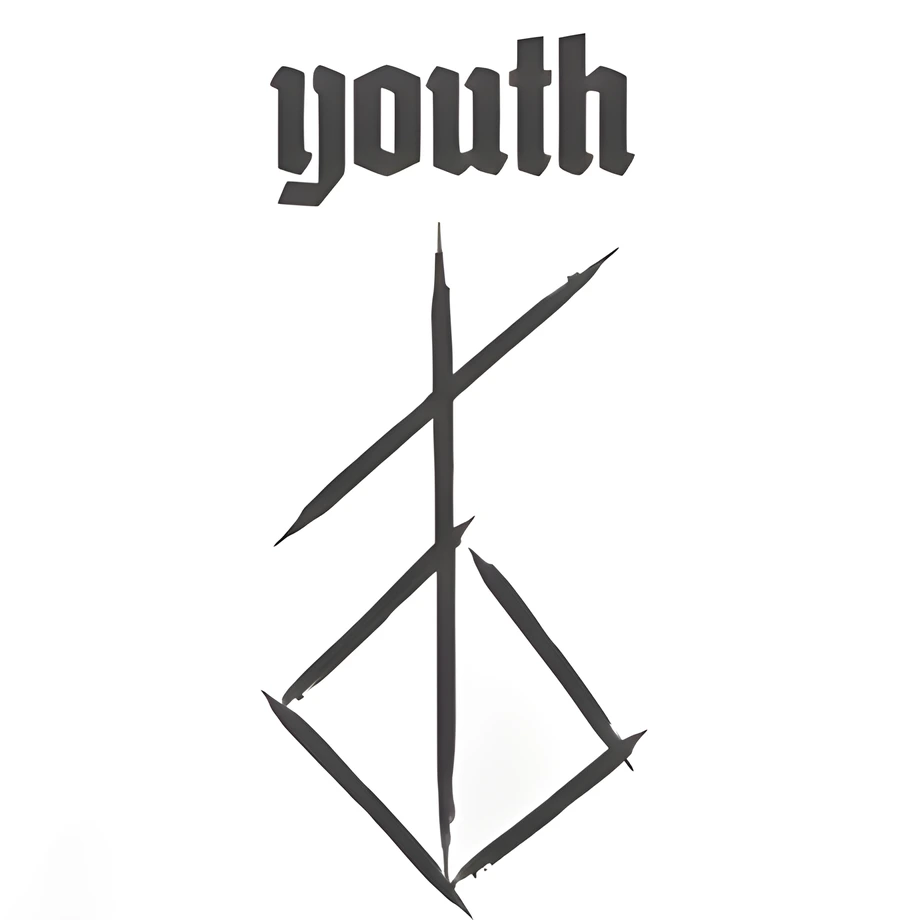 Чёрная надпись youth и рунический символ на белом фоне