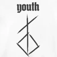 Чёрная надпись youth и рунический символ на белом фоне