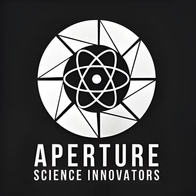 Белый знак Aperture Science с атомом и надписью Science Innovators на чёрном фоне