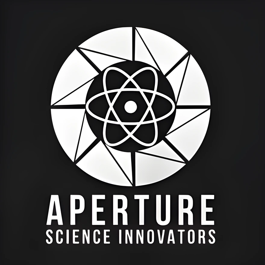 Белый знак Aperture Science с атомом и надписью Science Innovators на чёрном фоне