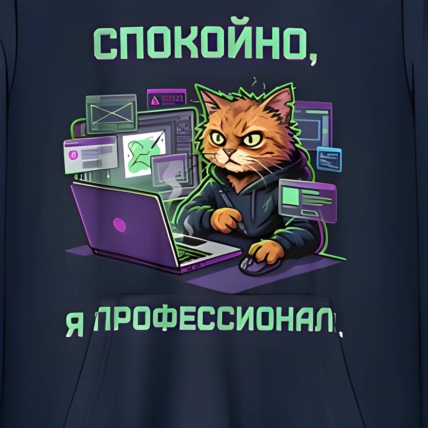 Кот за ноутбуком среди экранов и надпись Спокойно, я профессионал