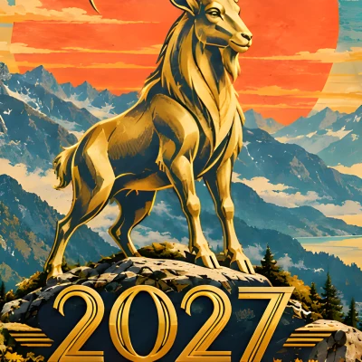Золотой горный козёл на фоне оранжевого солнца, гор и надписи 2027