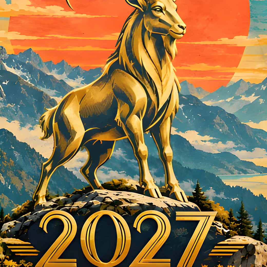 Золотой горный козёл на фоне оранжевого солнца, гор и надписи 2027