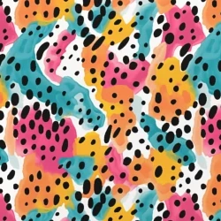 Яркий абстрактный узор из бирюзовых, розовых, жёлтых и оранжевых пятен с чёрными штрихами