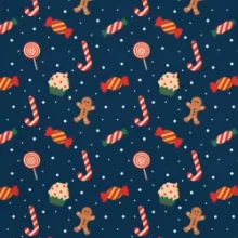 Тёмный новогодний узор из конфет, леденцов и пряничных человечков