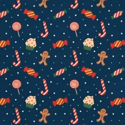 Тёмный новогодний узор из конфет, леденцов и пряничных человечков